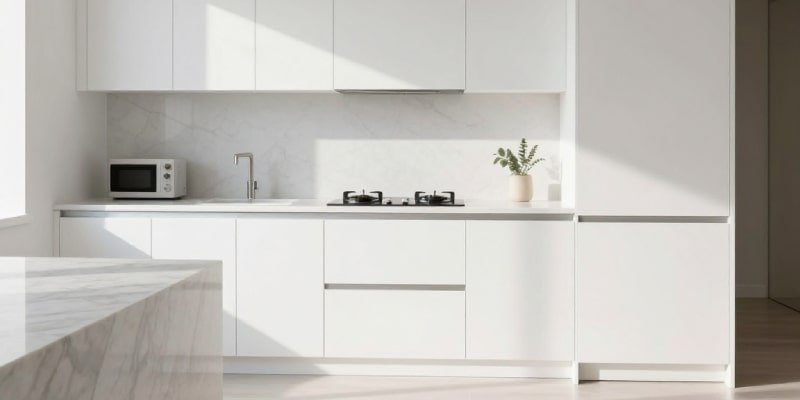 Modern Dubai kitchen with white MDF cabinets and marble countertop – Dubai kitchen cabinet materials