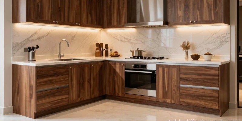 Luxury Dubai kitchen with dark wood cabinets and marble backsplash – Dubai kitchen cabinet materials