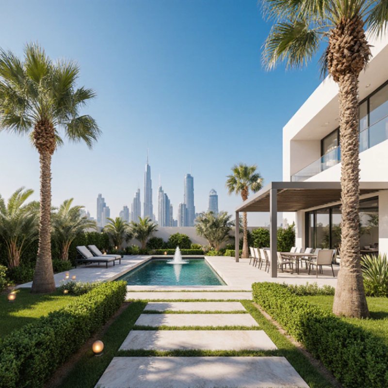 A luxurious modern villa in Dubai featuring a landscaped garden, palm trees, a central pool fountain, and skyline views — showcasing Fardo’s outdoor renovation company in Dubai expertise.