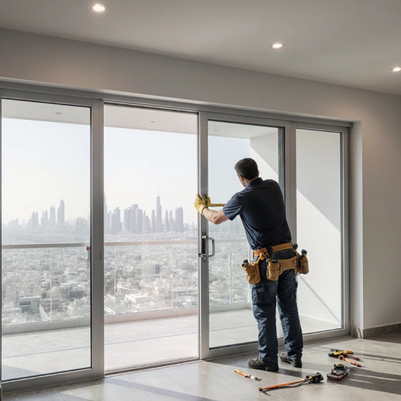 A skilled worker installing a large glass sliding door in a modern Dubai apartment with panoramic skyline views, construction tools nearby, and natural daylight illuminating the space.