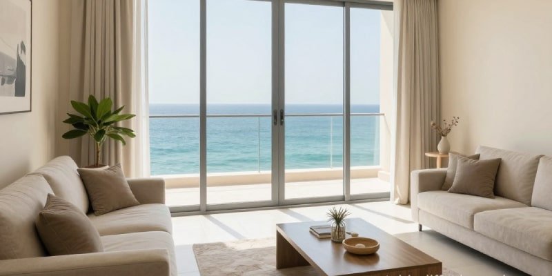 Coastal Dubai apartment living room with moisture-resistant wall paint and ocean view – Dubai moisture resistant wall paints