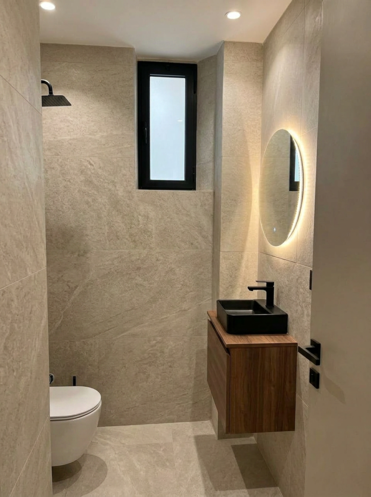 A modern bathroom renovated by Fardo Technical Services featuring beige stone-look tiles, a floating wooden vanity with a black vessel sink, and a circular backlit LED mirror.