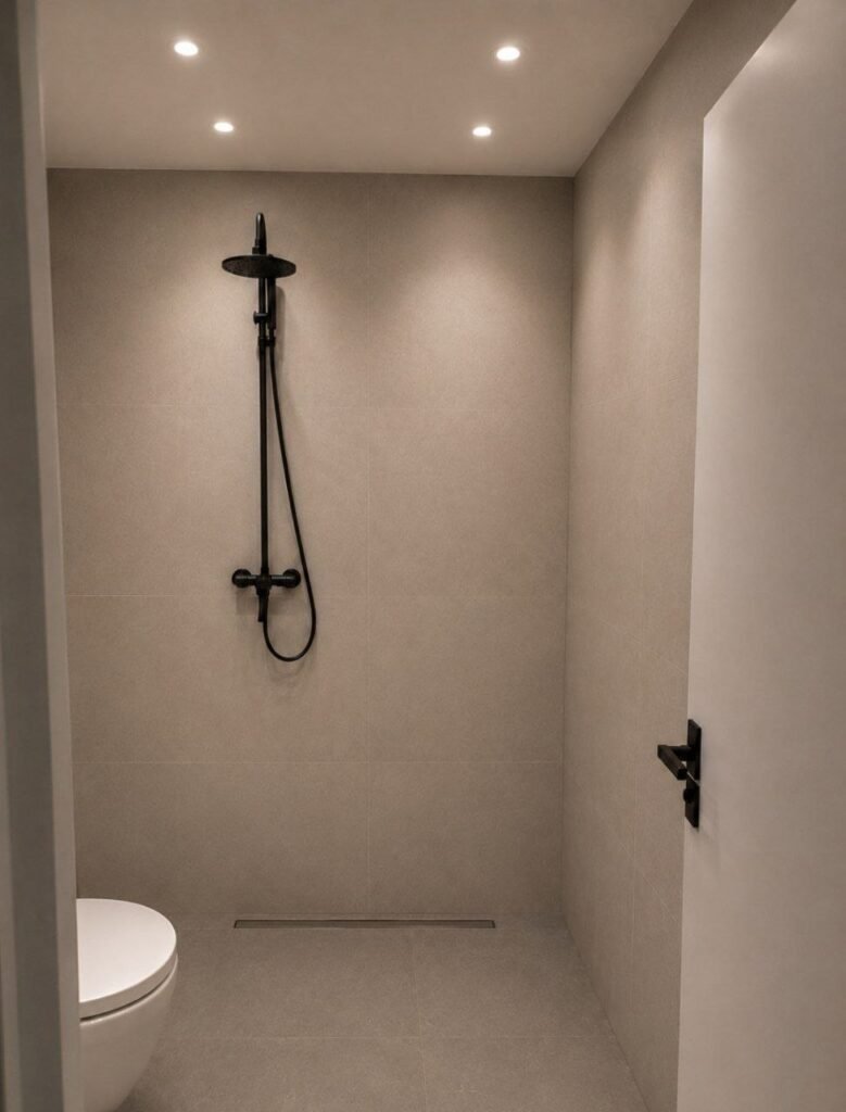 A modern renovated shower area by Fardo Technical Services featuring concealed plumbing, large-format beige tiles, a matte black shower set, and a linear floor drain.