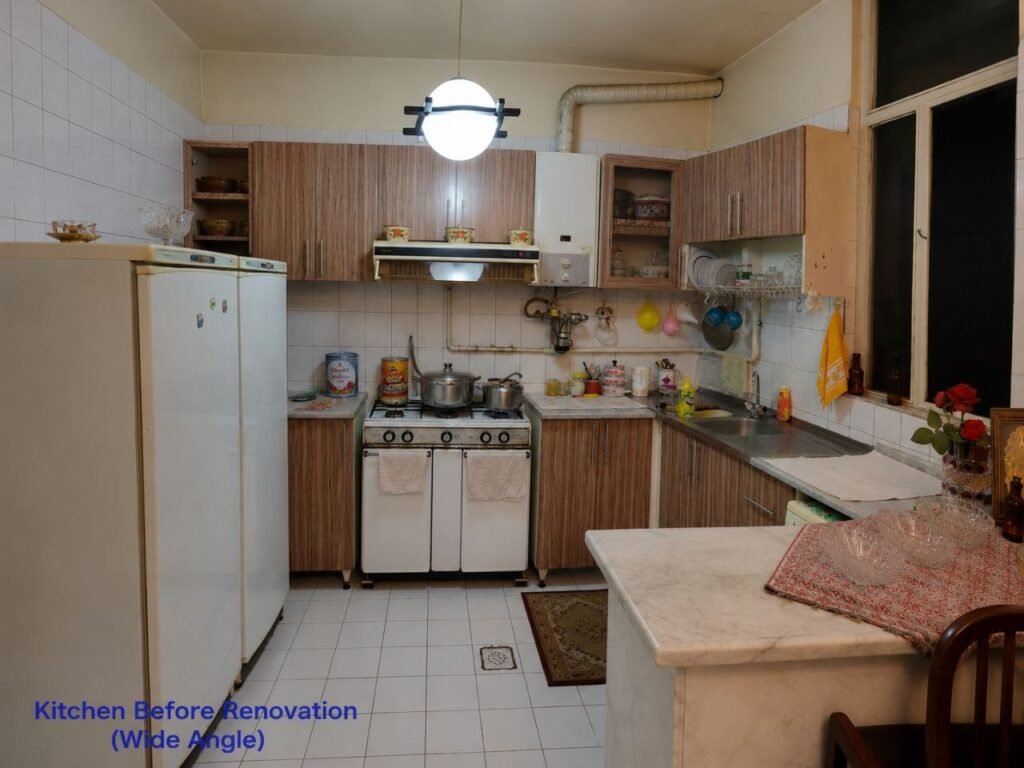 An outdated kitchen with old brown cabinets and traditional tiles before a complete modern renovation by Fardo Technical Services.