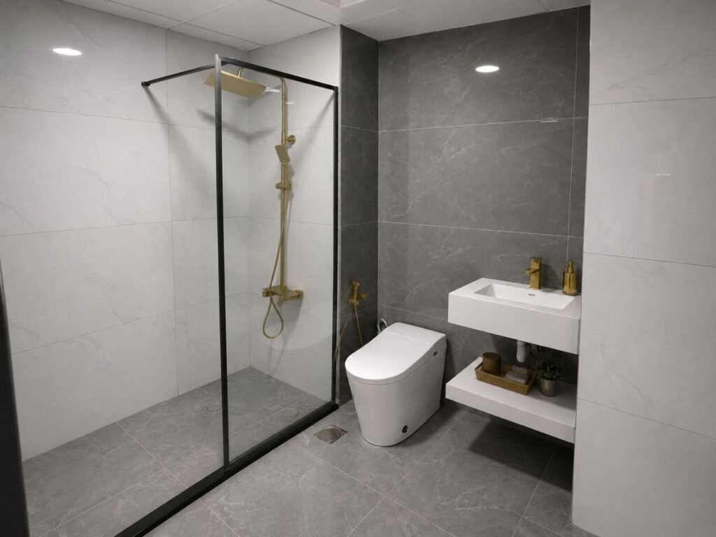 A modern and luxurious bathroom renovated by Fardo Technical Services, featuring grey marble-look tiles, white walls, gold fixtures, and a floating sink.